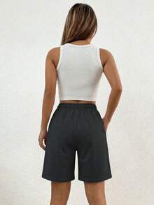 1 pieza Shorts tipo bermuda casuales deportivos cómodos de ajuste holgado para niñas, primavera verano otoño - Negro - Ver 5