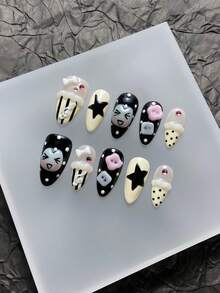 Handmade Reusable False Nails, Summer Style, 3D Wearable Nails, Y2K Fashion, Almond Shaped Nails, Black & Cream Polka Dot & Star Pattern Design, Cute Cartoon Face & Button Decor, Sweet False Nails With Musical Note & Bow Details, Casual Japanese Manicure Style, Reusable Press-On Short Nails - Multicolor - View 10