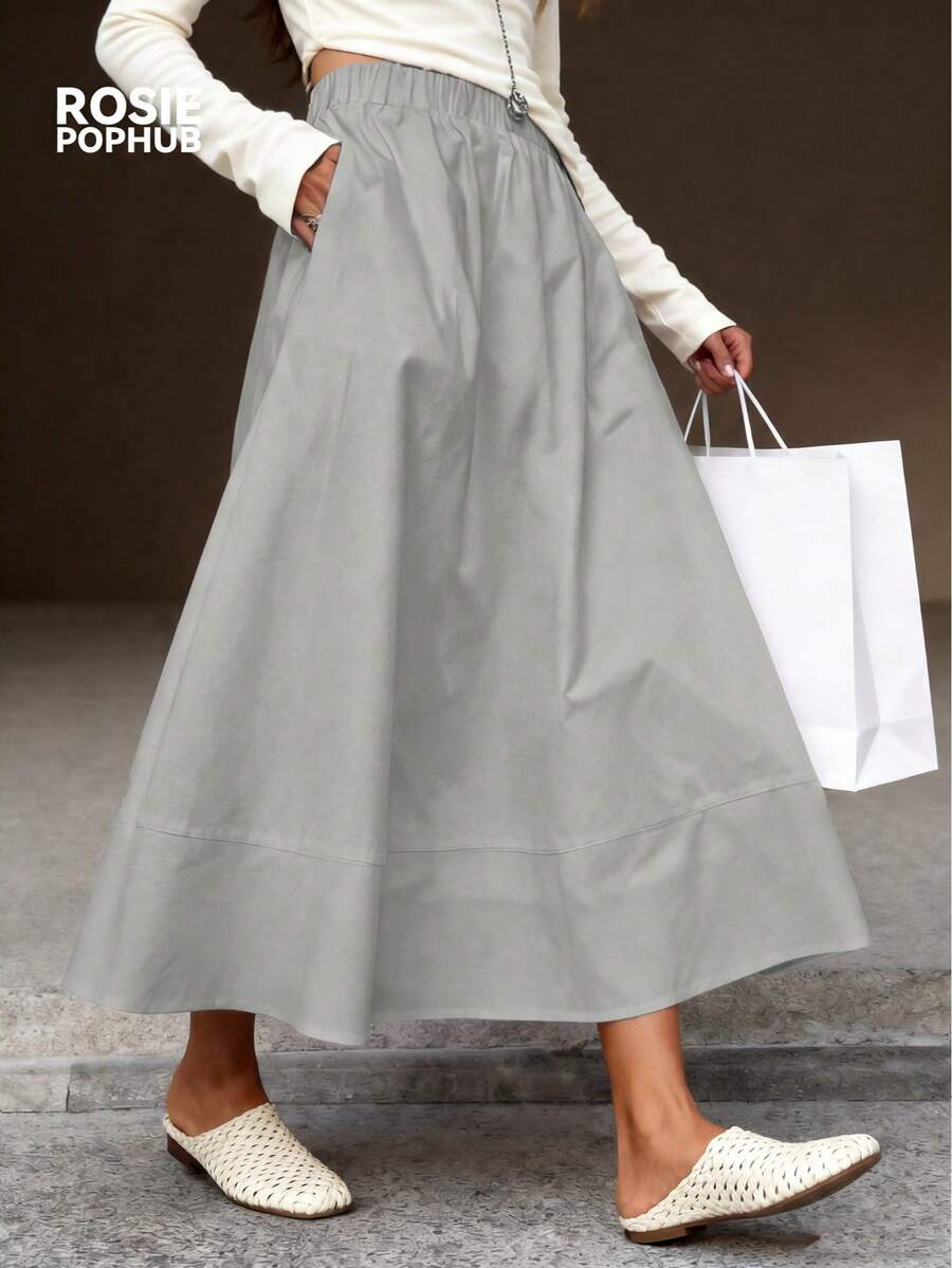 ROSIE POPHUB Women's Light Gray Polyester Casual Versatile Maxi Dress With Pockets, Elegant Preppy Style, Suitable For Daily Office, Wedding, Summer