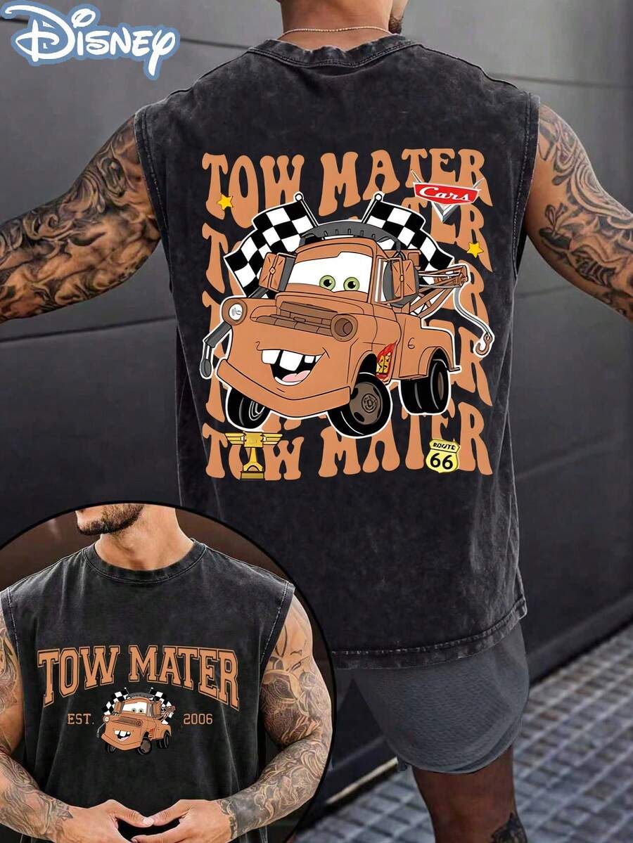 Disney Cars Tow Mater Repeating Text Officially Licensed Men's Sleeveless Graphic Tee, 100% Cotton 230g Washed Vintage Casual Shirt - 黑色 - 查看 1