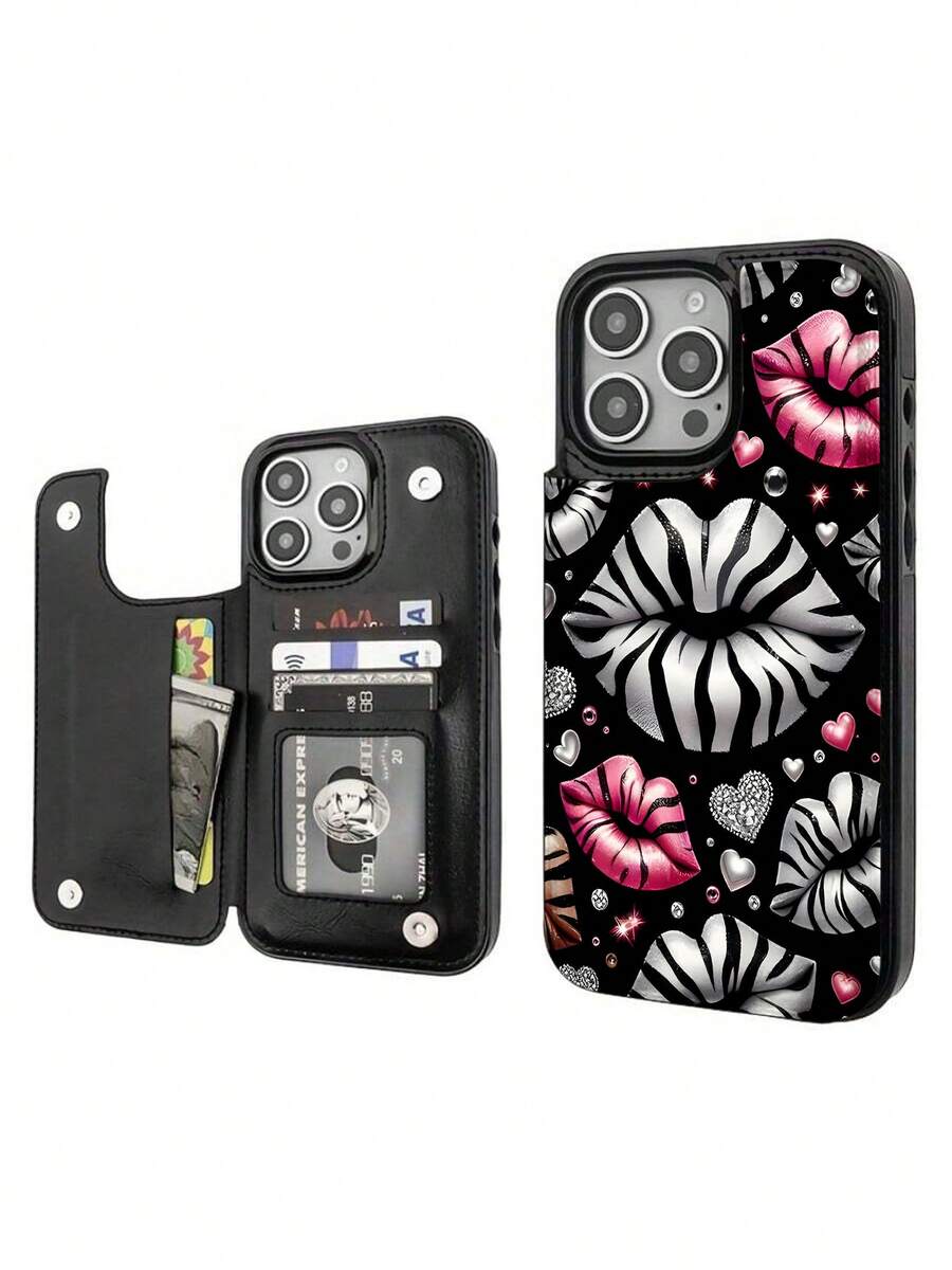 Zebra Pink Lips Hearts Black Background. This Stylish Phone Case Is Compatible With Samsung, Apple, , , , Transsion, ,  And Honor. Made Of TPU Silicone, It Offers Shock And Drop Protection And A Superior Feel. It's An Ideal Gift For Family, Friends, And Loved Ones, And A Perfect Choice For Valentines Day And Year's Gift. - Black - View 1