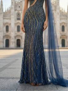 Elegant Navy Blue Handcrafted Beaded Mermaid Evening Gown, Versatile For Formal Dinners, Graduations And Debutante Balls Party Spring Fall Wedding - Navy Blue - View 5