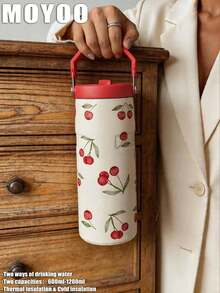 1pc 1200ml Stainless Steel Double Wall Vacuum Insulated Cherry Blossom Water Bottle, Large Capacity Travel Mug, Coffee Cup, Tumbler, Suitable For Travel, Home, Gym, Outdoor, School, Office, Birthday Gift, Back To School Gift, Holiday Gift, Gift For Family, Gift For Friends - Multicolor - View 3