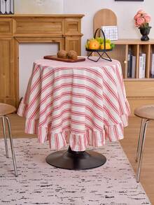 1pc Striped Ruffle Edge Round Table Decor Cloth, Vintage American Style Ruffle Edge Kitchen Decor, Round Living Room Decor Cloth, Valentine's Day Dining Table Decor - Red - View 8