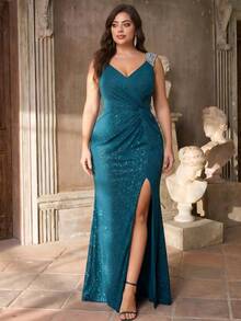 EVERPRETTY Plus Size V-Neck Sequin Peacock Green Evening Dress, Suitable For Mother Of The Bride Dress, Formal Party, Wedding, Summer Party, Graduation Dance, Semi-Formal Wedding Guest Party Spring - Teal Blue - View 2