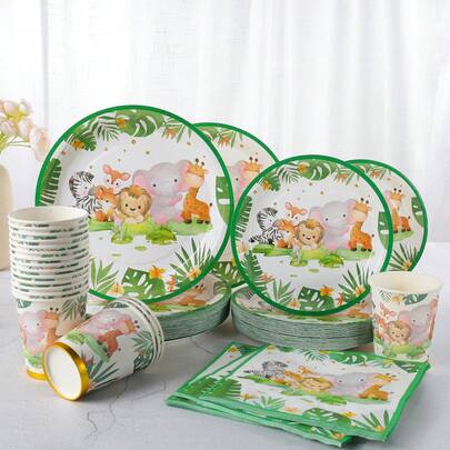 Jungle Safari Animal Disposable Tableware Set, 9 Inch & 7 Inch Paper Plates, 9oz Paper Cups, Napkins Combo, Watercolor Lion Giraffe Elephant Zebra Tropical Palm Print Dinnerware Kit For Jungle Themed Party, Safari Celebration