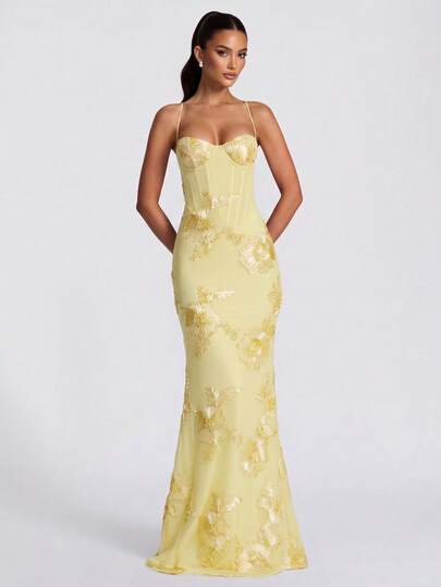 Women's Cream Yellow Shiny Floral Embroidered Elegant Sexy Semi-Sheer Backless Floral Mesh Party Dress, Suitable For Evening Date, Anniversary, Graduation Party, Formal Gala