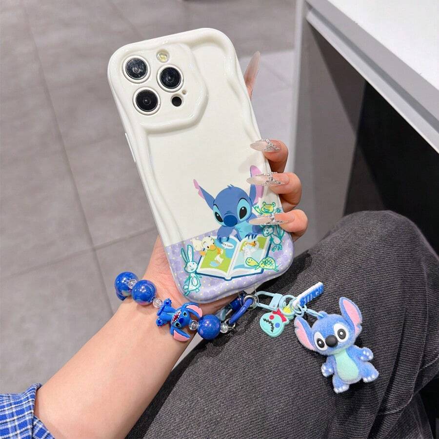 Disney Has Authorized, Phone Case - Chain Set, The Stitch Lilo & Stitch Phone Case Plus A Silicone 3D Or Fluffy Style Stitch Bracelet With Metallic Ring Removable Bracelet, Stitch And Angel Pattern, Compatible With Iphone 17/16/15/14/13/12/11/XS/XR/X Plus Pro Max, Wavy Design Phone Case For Girl, A Stylish Cartoon Summer Phone Case, The Perfect Gift Choice, Phone Protection, Durable Phone Cover, Great Gift For Friends And Family - 白色款式B - 查看 1