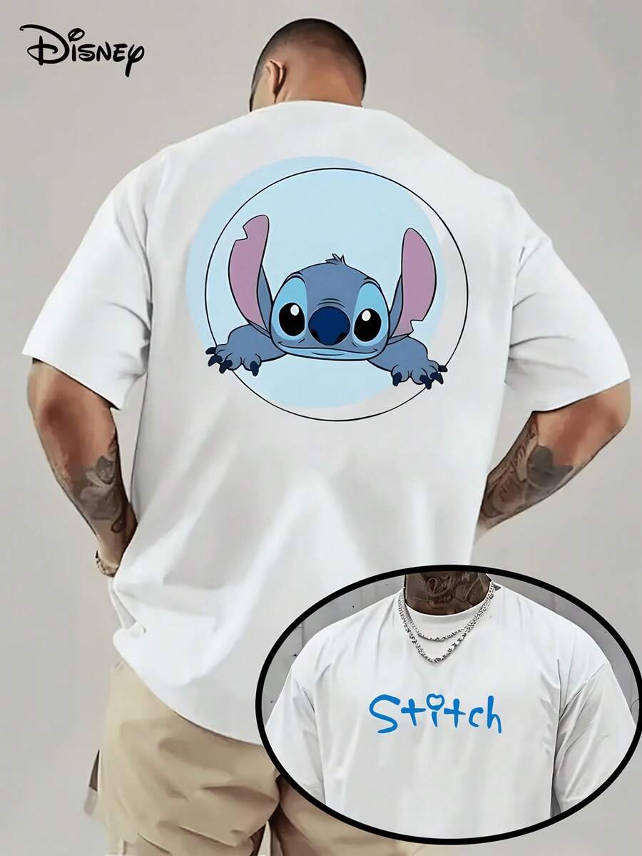 (Disney Licensed)Disney Lilo & Stitch Stitch Simple Circle Portrait Front And Back Print Men's Oversized Crew Neck Short Sleeve Graphic T-Shirt, Minimalist Cute Stitch Casual Streetwear Tee For Men Summer Daily Wear, Disney Officially Authorized Men's Short-Sleeved T-Shirts, Mens Clothes, Men, Ropa De Hombre, Summer Clothes, Men Shirts, Graphic Tees, Disney Outfits Men, Graphic Tees, Camisetas Para Hombre, Camisas Para Hombre, Summer Outfits For Men, Father's Day Gift, Perfect Gift For Family And Friends, Which Are Necessary For Birthday Parties, Disney Shirts, Mens Clothes, Summer Clothes, Officially Licensed Disney T-Shirts, Disney Men's And Women's Spring/Summer Fashion Casual Short-Sleeve T-Shirts - 白色 - 查看 1