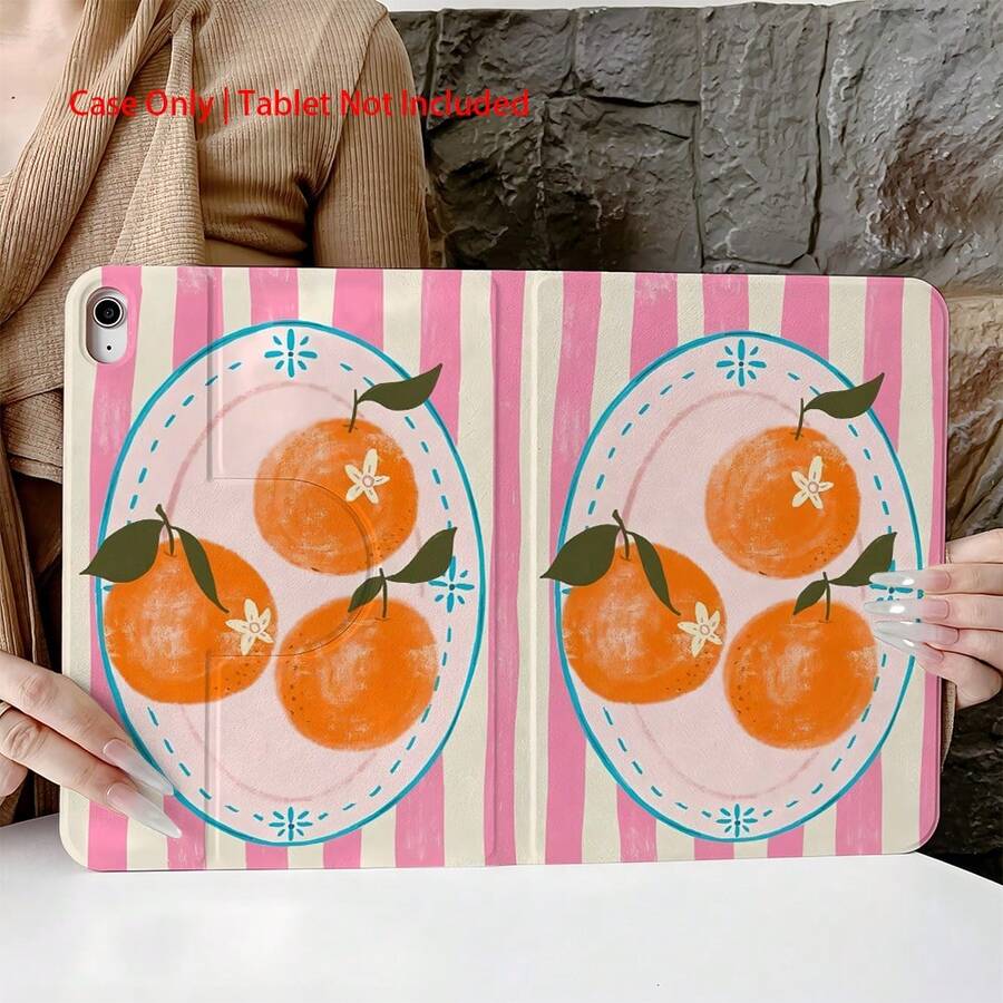1个橙色印花平板电脑保护套，带360°旋转支架和笔槽，兼容iPad/Galaxy Tab S10+/S9/A9，具备自动休眠/唤醒功能，兼容小米7/7 Pro，兼容华为Matepad - 彩色 - 查看 1