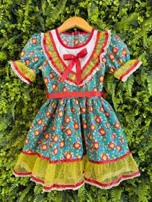 Children's Junina Caipira Arraiá Dress, Green, Floral, Colorful, Girl's Junina Costume - 綠色 - 查看 4
