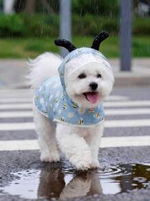 LUCKIE PAL 1pc Bee & Flower Print Waterproof Raincoat For Cats & Dogs, Suitable For Rainy Days - Dusty Blue - View 4