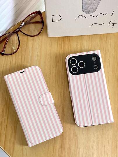 1pc Fashionable Cute Pink & White Striped Pattern Full Coverage Classic Anti-Drop High-Quality PU Leather Flip Phone Case, Foldable, Card Slot, Full-Body Protective Phone Cover, Suitable As Birthday/Holiday Gift For Friends, Family, Couples, Fits IPhone17/IPhone17 Air/IPhone17pro/IPhone17pro Max/IPhone16/IPhone16 Plus/IPhone16pro/IPhone16pro Max/IPhone15/IPhone15 Plus/IPhone15pro/13/14/12/11