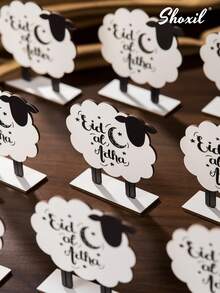shoxil 10pcs Eid Al-Adha Wooden Table Sign, Sheep Shaped Freestanding Decor For Eid Mubarak, Islamic Muslim Festival Tabletop Centerpiece Ornament, Wood Sign For Qurbani Eid Party Home Shelf Mantel Decorations - A - View 2