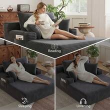 47"W X 65"D Oversized Chaise Lounge Chair Indoor Boneless Reading Chair Plush Corduroy Recliner With Cup Holders Large Deep Seat Comfy Sofa Bed Couch With 3 Pillows For Living Room Bedroom - Màu xám đen - Xem 4