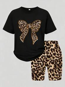 2 Pieces Set For Girls, Leopard Bow Print Short Sleeve T-Shirt And Full Print Cycling Shorts, Casual And Fashionable, Suitable For . - Multicolor - View 2