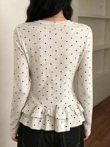 新款女士春夏针织简约甜美芭蕾舞波点圆领修身荷叶边长袖T恤休闲款 - 杏色 - 查看 7