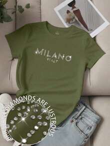 Free Shipping, Local Delivery In Mexico, 4-Day Delivery. Women's T-Shirt With Print, Slogan And Lettering, Short Sleeves And Crew Neck LOS ANGELES For New Year's Wear, Graphic Tees For Women. - Military Green 2 - View 5