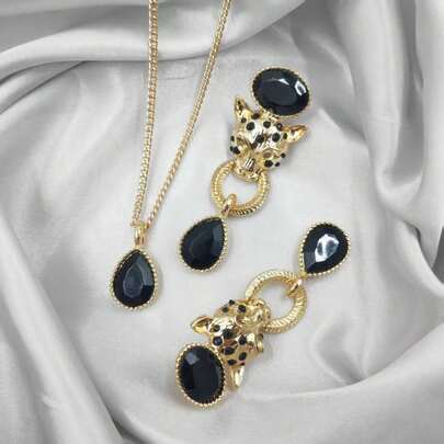 Leopard Head Earrings & Necklace Set, Unique 3D Metal Design