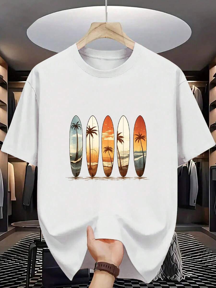 Summer T-Shirt For Surfers With Palm Tree And Wave Design - White - View 1