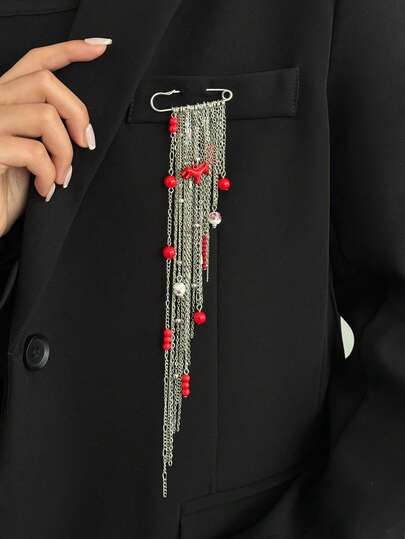1pc Creative Fashion Red Horse Zodiac Pendant Brooch, Asymmetric Chain Tassel Brooch, Retro Style Safety Pin, Suitable For Suit, Dress, Scarf, Sweater, Formal Dress, Pants, Fashion Party Jewelry Accessory, Gift For Women
