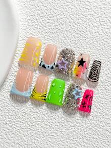 10Pcs Y2K Style Handmade Nail Art Set,Unghie Press On,Hollow Out Star Nail Art Accessories,Lines, Stars, Polka Dots Nail Art Decorations,Green, Blue, Pink And Yellow Nail Polish,Sweet And Edgy Style,Comes With Nail Tools(1 Sheets Jelly Stickers+1PC Nail File)3 Sizes Available,Almond Nails, Duck Nails,Coffin Nails,Suitable For Reunion,Daily,Party,Photograph,Play,Spring Summer,Commute Supplies Nails - Nhiều màu - Xem 15