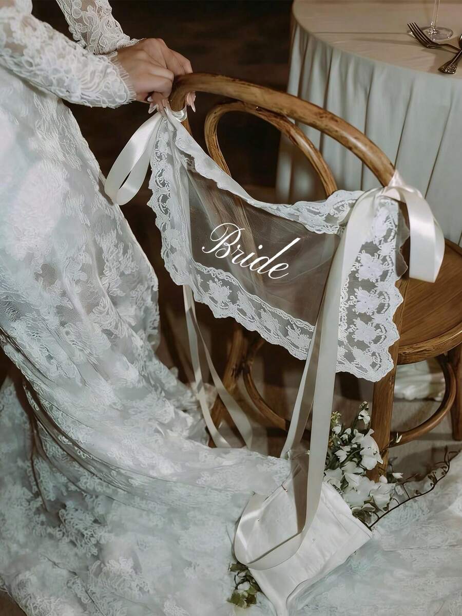 2pcs Bride And Groom Chairs Signs For Wedding Reception Sheer Lace Just Married Chair Signs With Ribbon For Bride And Groom Chair Back Decor Sheer Lace Wedding Photo-Ready Decor Banner Sets - View 1