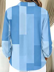 Plus Size Women Retro Casual Geometric Color Block Print Button Down Long Sleeve Shirt Blouse - Blue - View 2