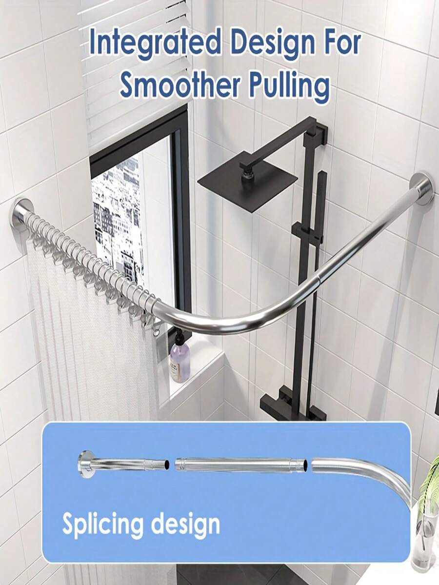 1pc L-Shaped Stainless Steel Shower Curtain Rod Set, Multifunctional L-Bar No-Drill Heavy Duty Shower Curtain Rod, Closet Garment Rack, Towel Bar, Foldable Shower Curtain, Home Decor, Wet And Dry Separation Shower Curtain Set, L-Shaped Rod - Multicolor - View 1