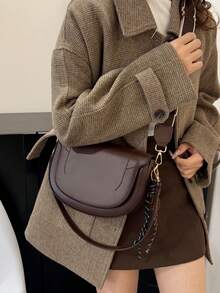 ZA New Autumn Women's Burgundy Saddle Bag, Contrast Stitching Design, Top Handle One Shoulder Crossbody Flap Rigid Bag - Coffee - View 5