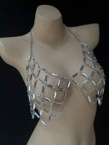 ZHENGHEN Rhinestone Embellished Silver Rectangular Harness Body Chain, Shimmering Mesh Crystal Festival Party Body Jewelry Top - Silver - View 5