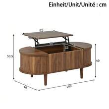 Oval, Adjustable Coffee Table With Storage, Vintage Style, Living Room Coffee Table, Multifunctional Storage Table, Solid Wood Legs, Modern Multifunctional Furniture. - 核桃 - 查看 2