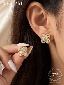 1 Pair Elegant Four-Leaf Clover Stud Earrings, 925 Sterling Silver Delicate Earrings, Exquisite Jewelry Gift Suitable For Girls' Daily, Date, Party And Other Occasions - Four Leaf Clover - View 7