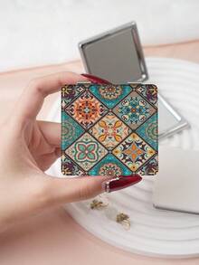 1 pièce Miroir de maquillage compact à motif floral bohème, pliable, léger, portable, en PU durable, convient pour les voyages, les fêtes, le travail, l'école, adapté à tous les âges - Multicolore - Voir 11