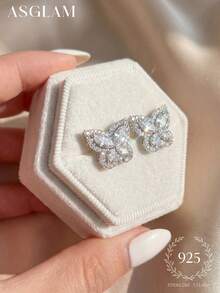 1 paire de boucles d'oreilles cloutées papillon creux en zircone, bijoux en argent sterling 925, boucles d'oreilles délicates, beaux bijoux, cadeau pour les filles, décoration pour les sorties quotidiennes, accessoires pour le bal - Papillon - Voir 6