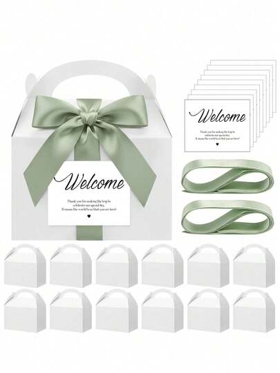 18/36/72pcs Set Wedding Wall-Mounted Gift Boxes (With Handles), Comes With Sage Green Ribbon Tags, Size 16*9*8cm, Suitable For Guest Favors, Wedding Party, Birthday Party, Anniversary Celebration Gift Set