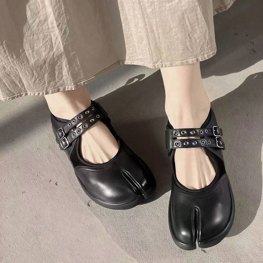 Sweet And Cool Double-Strap Round-Toe Casual Shoes, Sporty Mary Jane Shoes For Women, Thick-Soled Pig-Trotter Split-Toe Shoes - Màu đen (dây thun) có sẵn - Xem 1