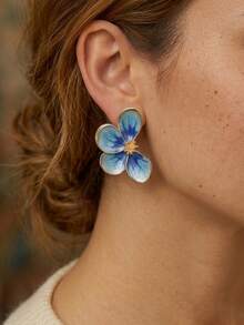 French Vintage Blue Enamel Flower Stud Earrings For Women 3D Gradient Floral Ear Studs Elegant Cottagecore Fairycore Jewelry Gift - Blue - View 2