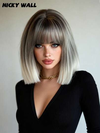 NICKY WALL 12 Inch Gray Ombre Short Straight Bob Wig For Women Natural Heat-Resistant Synthetic Wig With Bangs,Suitable For Women & Girls For Daily Wear, Family Parties, Cosplay, Photography And More