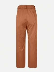 Jessefine Solid Color Waistless Button Zipper Pocket Suit Fabric Straight Leg Pants, Commuting Elegant Office Daily Casual Versatile, Spring/Summer - Brown - View 6