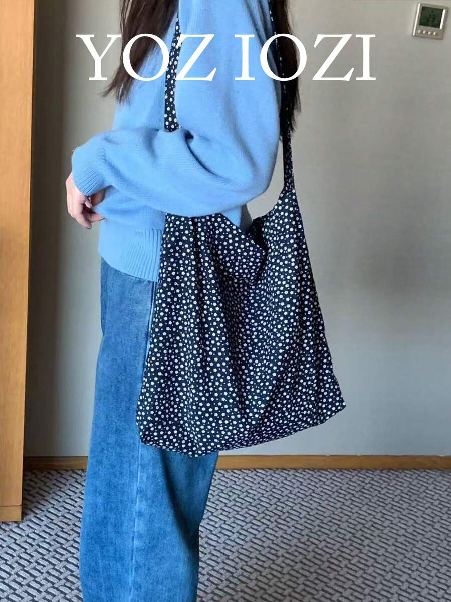 Large Capacity Daisy Floral Sweet Shoulder Bag, Suitable For University Students, Versatile Canvas Crossbody Tote Bag - Hitam - View 1