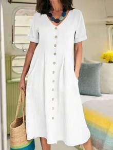 2026 Spring/Summer New European And American Style Solid Color Loose High-Waisted Cotton-Linen Dress - trắng - Xem 6