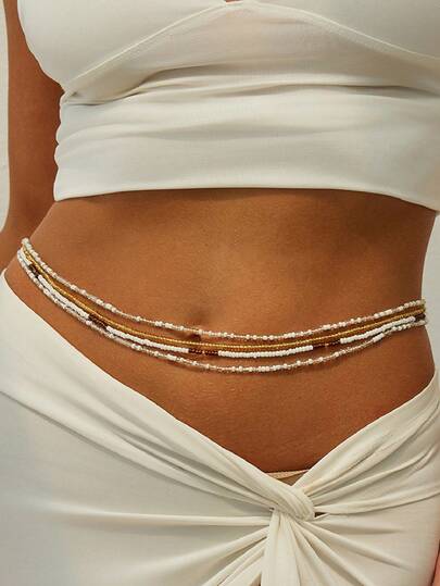 Bộ 4 chiếc dây đeo eo nhiều lớp phong cách Bohemian với hạt cườm trắng, vàng và nâu, dây đeo thân đính hạt nhỏ nhắn cho bikini và trang phục mùa hè.