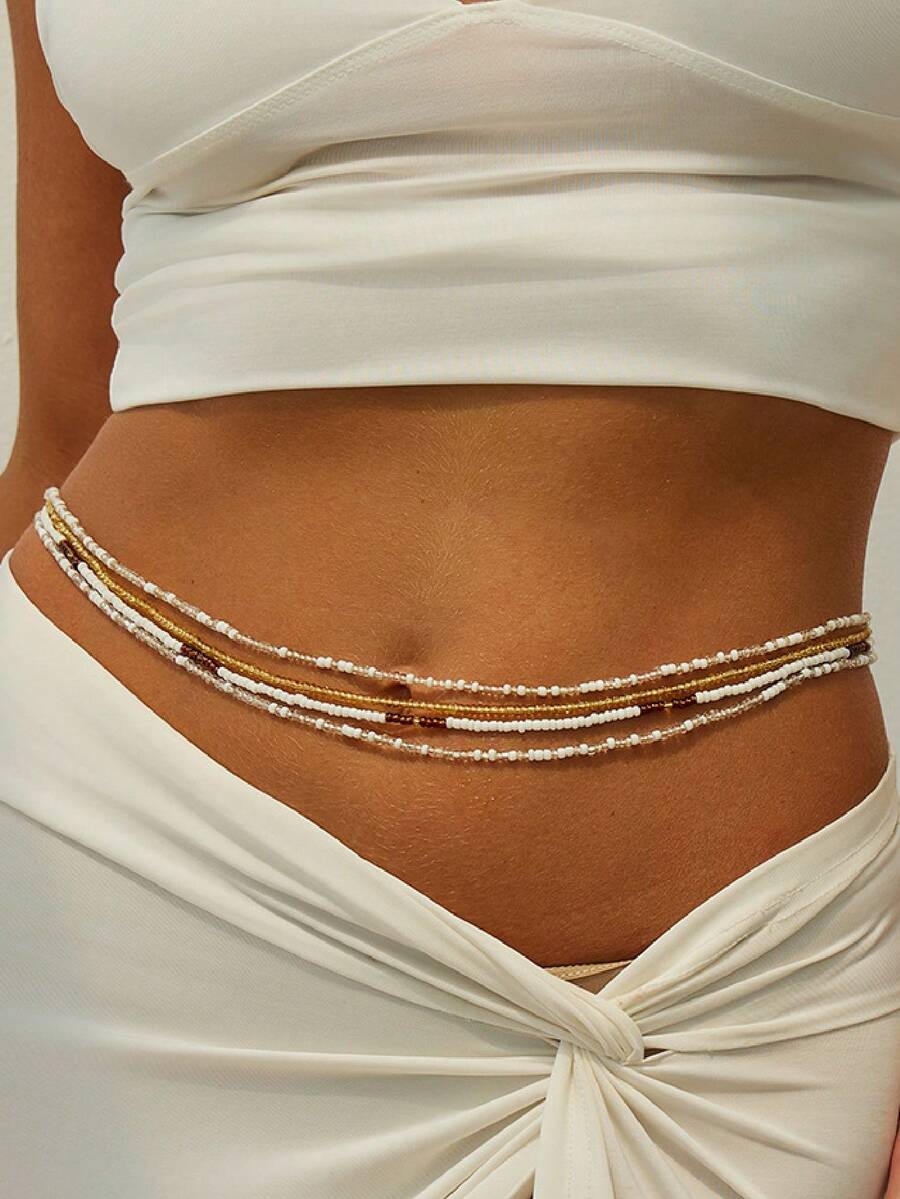 Bộ 4 chiếc dây đeo eo nhiều lớp phong cách Bohemian với hạt cườm trắng, vàng và nâu, dây đeo thân đính hạt nhỏ nhắn cho bikini và trang phục mùa hè. - Nhiều màu - Xem 1