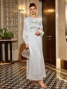 Elegant Women's Long Sleeve Round Neck Dress With Ruffle Trim And Cinched Waist Design - Light Grey - View 3