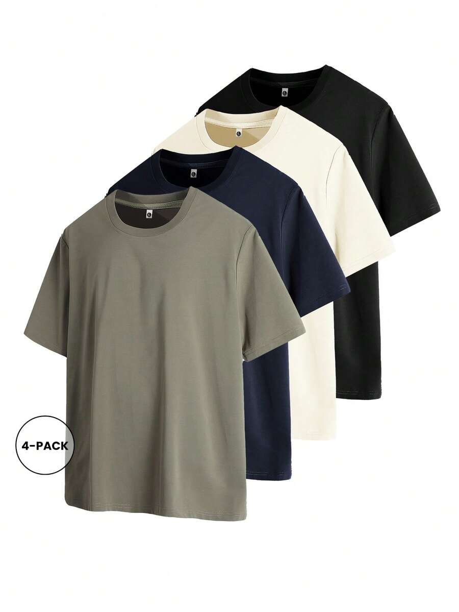 4pcs/Set Plus Size Solid Color Short Sleeve T-Shirts, Suitable For Spring/Summer/Autumn - Multicolor - View 1