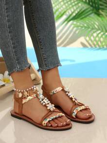 Women's Retro Beaded Sandals, Flat Woven Casual Outdoor Slippers For Summer - Brown (Golden Flower) - View 4