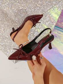 Giày sandal nữ mũi nhọn kín mũi, điểm nhấn nơ, bề mặt trơn, quai hậu, gót cao, màu đỏ rượu vang, kiểu dáng thời trang. - Màu Đỏ Sâu - Xem 5