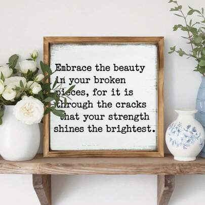 1pc Classic Wooden Wall Art Sign - Finding Beauty In Broken Pieces - Inspirational Quote Rustic Frame - Farmhouse Decor, Suitable For Home, Kitchen, Bedroom, Bathroom, Office - Housewarming And Christmas Gift, 8x8 Inches