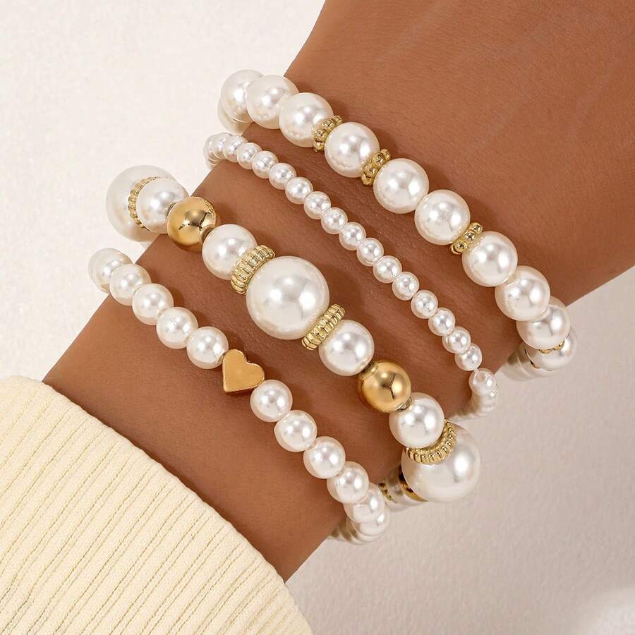 Bộ 4 vòng tay thời trang co giãn hình trái tim và đính ngọc trai, phong cách tối giản. - A - Xem 1